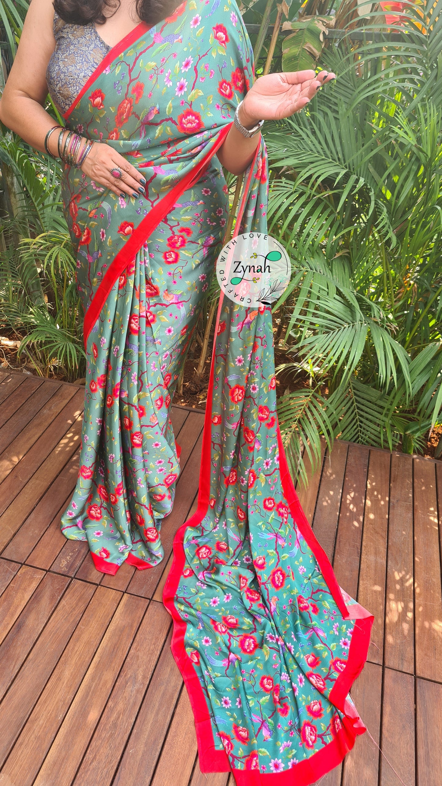 Zynah Pure Satin Silk Saree with Floral Prints; Custom Stitched/Ready-made Blouse, Fall, Petticoat; Shipping available USA, Worldwide