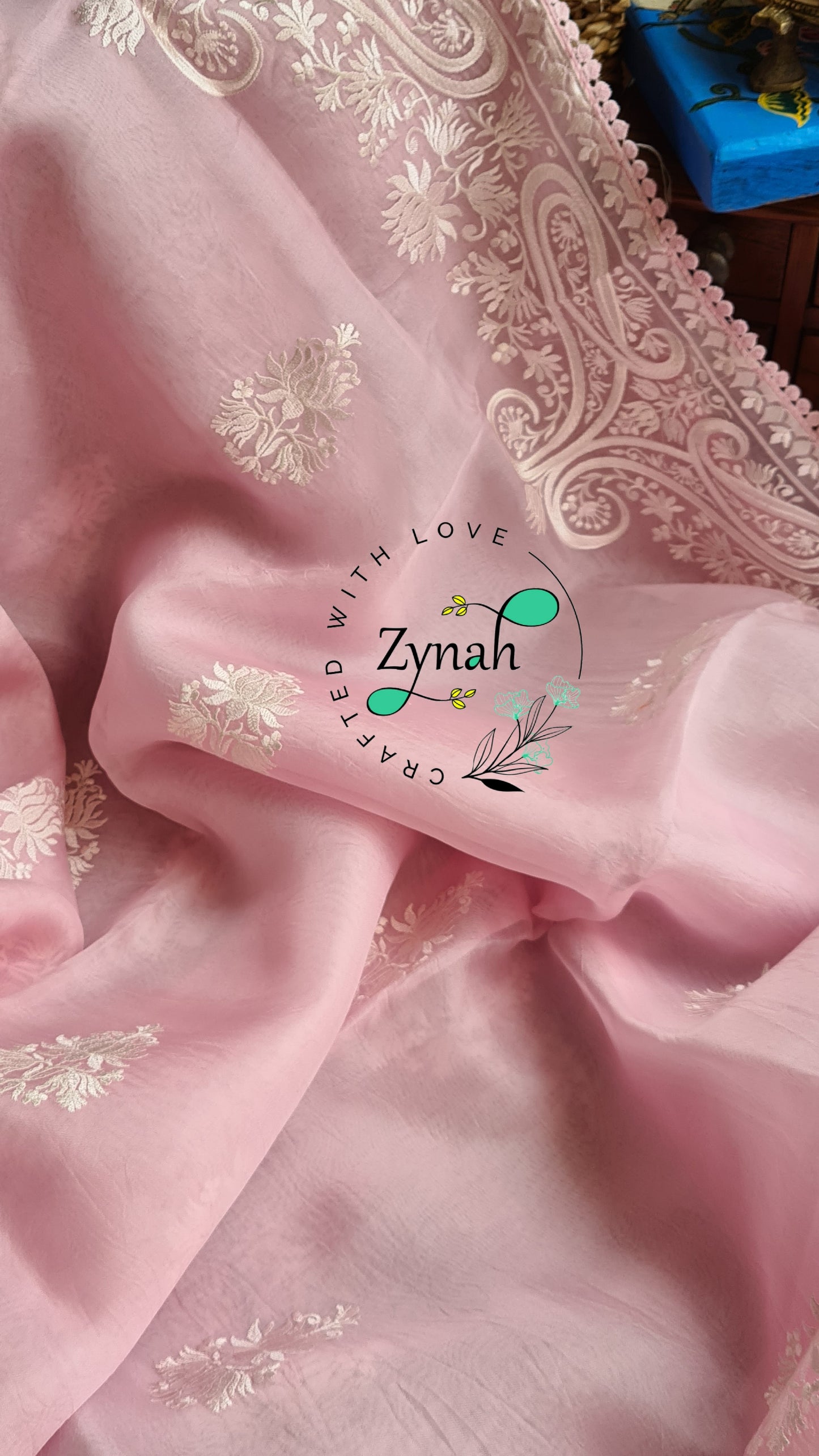 Zynah Pure Organza Silk Saree with Thread Embroidery & Crochet lace Border; Custom Stitched/Ready-made Blouse, Fall, Petticoat; Shipping available USA, Worldwide