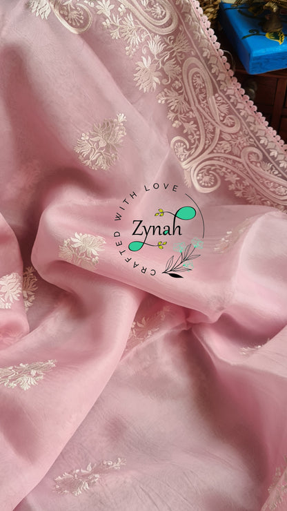 Zynah Pure Organza Silk Saree with Thread Embroidery & Crochet lace Border; Custom Stitched/Ready-made Blouse, Fall, Petticoat; Shipping available USA, Worldwide