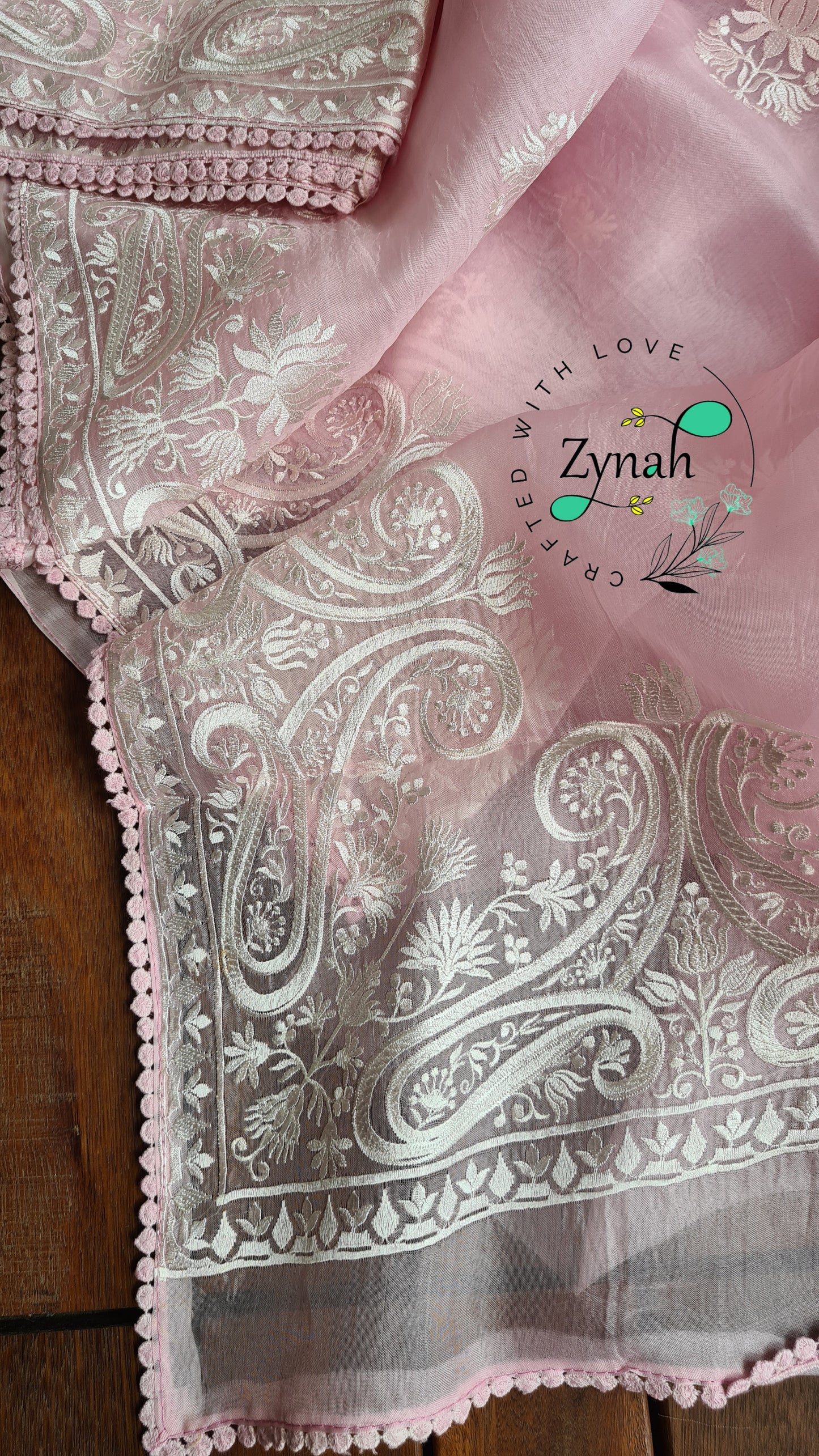 Zynah Pure Organza Silk Saree with Thread Embroidery & Crochet lace Border; Custom Stitched/Ready-made Blouse, Fall, Petticoat; Shipping available USA, Worldwide