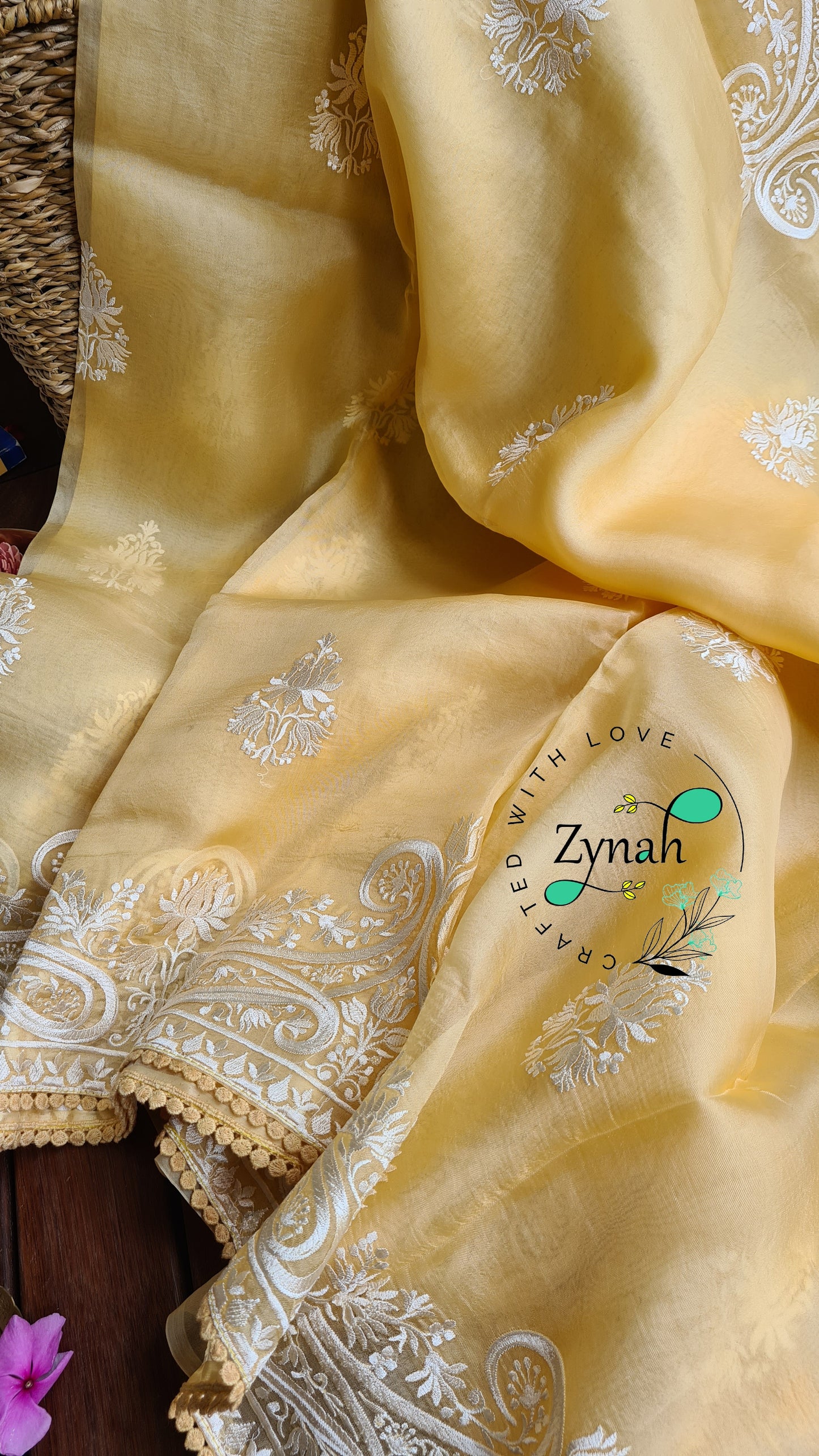 Zynah Pure Organza Silk Saree with Thread Embroidery & Crochet lace Border; Custom Stitched/Ready-made Blouse, Fall, Petticoat; Shipping available USA, Worldwide