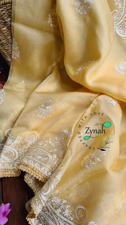 Zynah Pure Organza Silk Saree with Thread Embroidery & Crochet lace Border; Custom Stitched/Ready-made Blouse, Fall, Petticoat; Shipping available USA, Worldwide