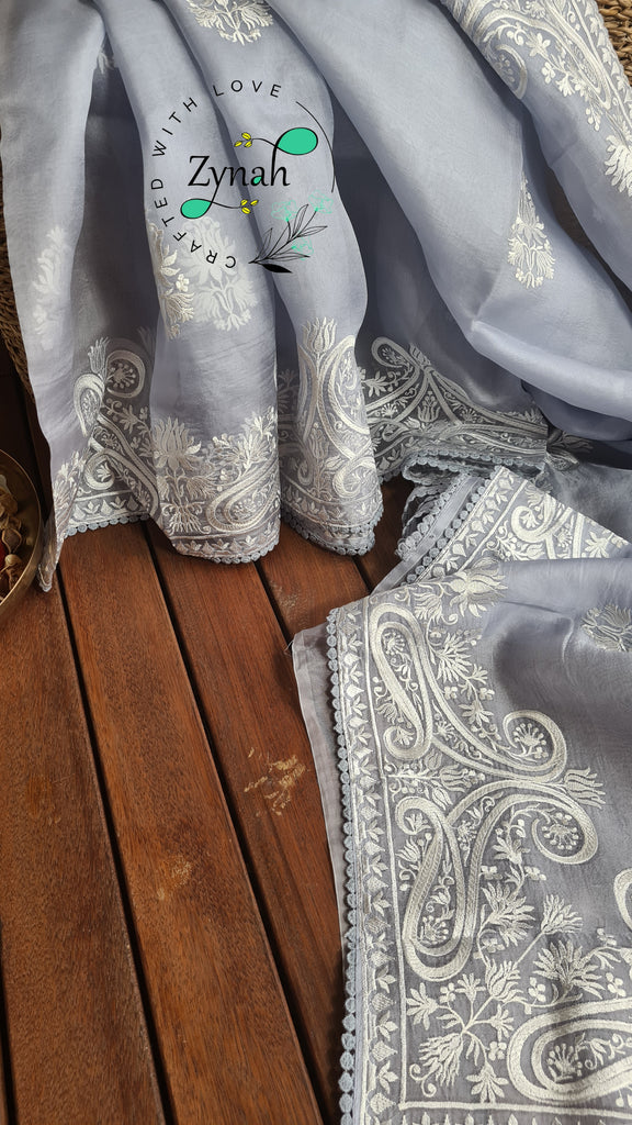 Zynah Pure Organza Silk Saree with Thread Embroidery & Crochet lace Border; Custom Stitched/Ready-made Blouse, Fall, Petticoat; Shipping available USA, Worldwide