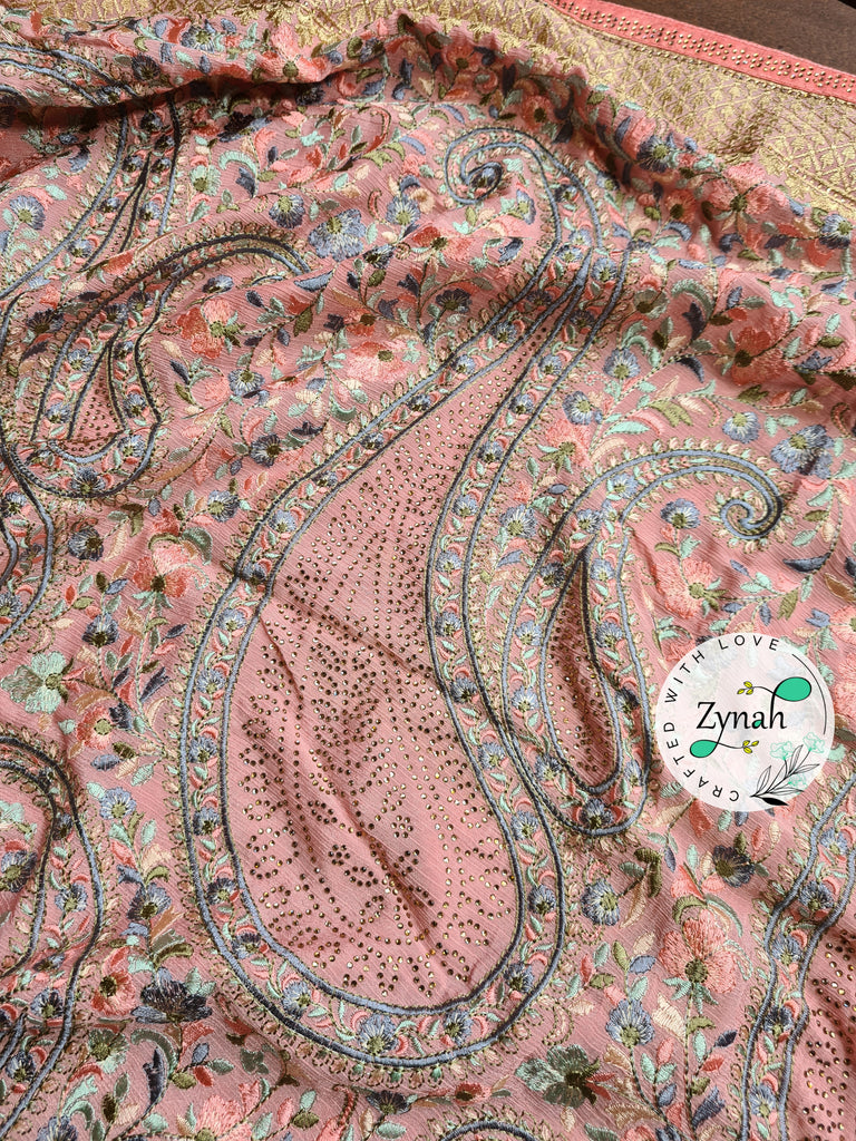 Zynah Pure Chinnon Georgette Kashmiri Kashida Inspired Saree with Hand-embellished Work; Custom Stitched/Ready-made Blouse, Fall, Petticoat; Shipping available USA, Worldwide