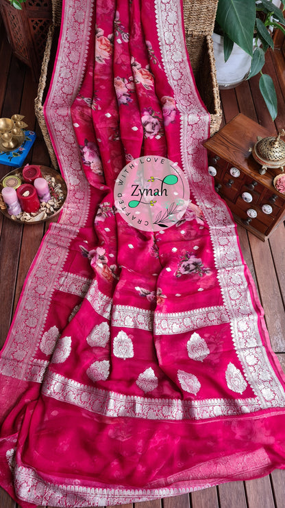 Zynah Pure Khaddi Chiffon Saree with Floral Prints & Silver Zari Weave; Custom Stitched/Ready-made Blouse, Fall, Petticoat; Shipping available USA, Worldwide