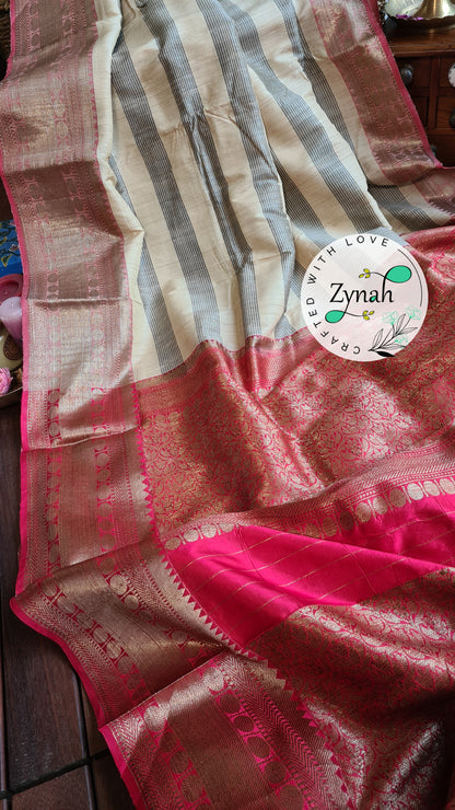 Zynah Pure Tussar Banarasi Silk Saree with Antique Zari; Custom Stitched/Ready-made Blouse, Fall, Petticoat; Shipping available USA, Worldwide
