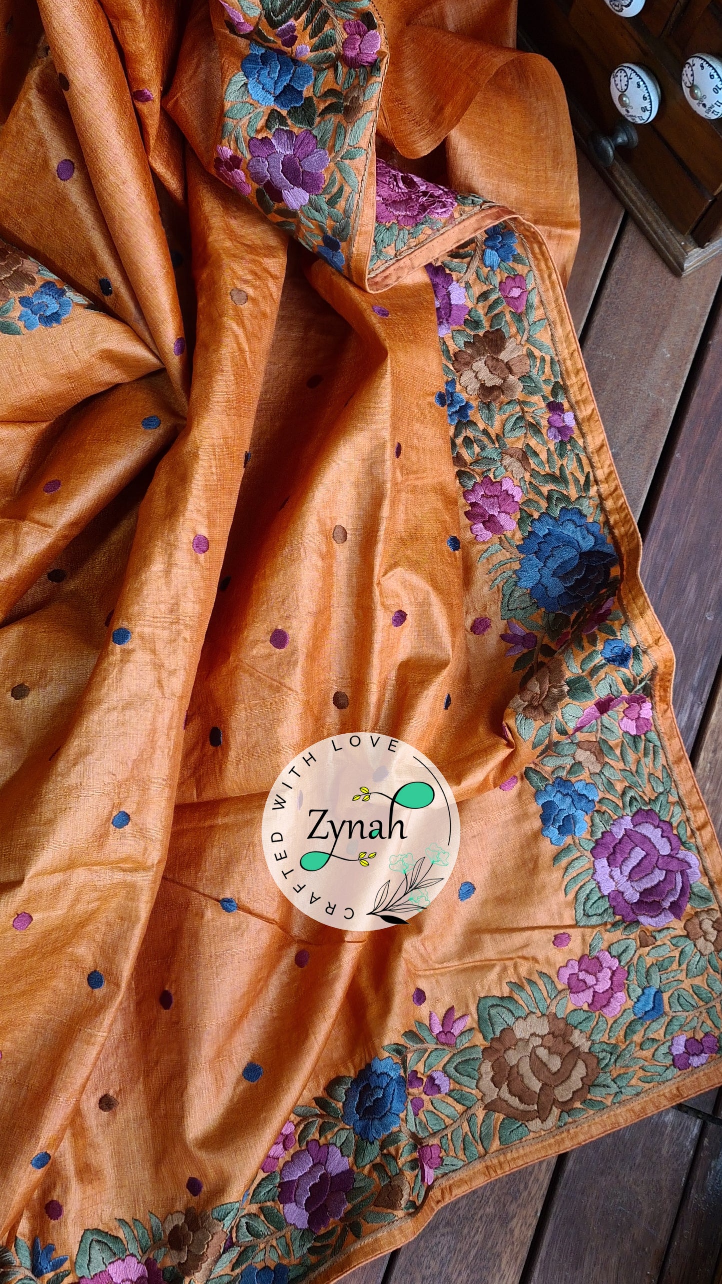 Zynah Made to Order Pure Tussar Silk Parsi Gara Handcrafted Saree; Custom Stitched/Ready-made Blouse, Fall, Petticoat; Shipping available USA, Worldwide
