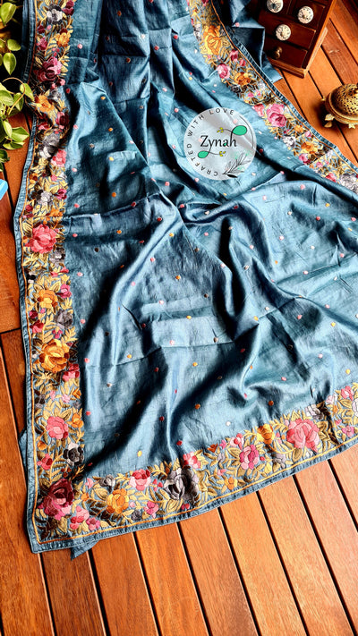 Zynah Made to Order Pure Tussar Silk Parsi Gara Handcrafted Saree; Custom Stitched/Ready-made Blouse, Fall, Petticoat; Shipping available USA, Worldwide