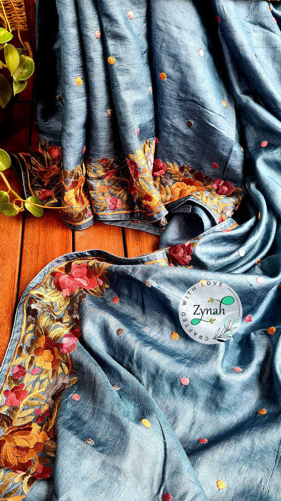 Zynah Made to Order Pure Tussar Silk Parsi Gara Handcrafted Saree; Custom Stitched/Ready-made Blouse, Fall, Petticoat; Shipping available USA, Worldwide