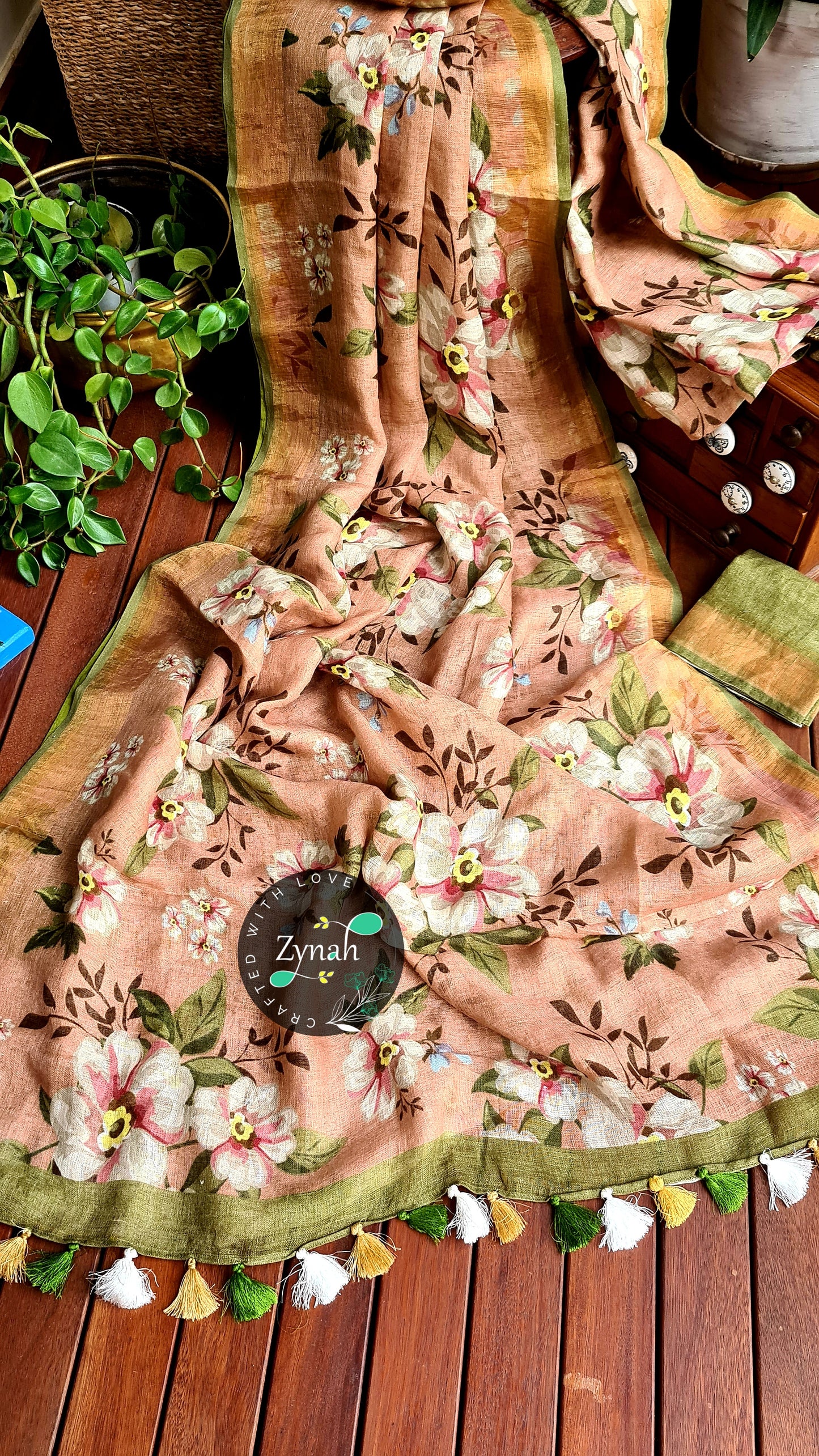 Zynah Organic Pure Linen by Linen(120c) Saree with Digital Floral Prints & Zari Border; Custom Stitched/Ready-made Blouse, Fall, Petticoat; Shipping available USA, Worldwide