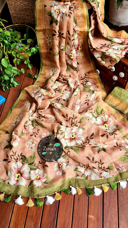 Zynah Organic Pure Linen by Linen(120c) Saree with Digital Floral Prints & Zari Border; Custom Stitched/Ready-made Blouse, Fall, Petticoat; Shipping available USA, Worldwide