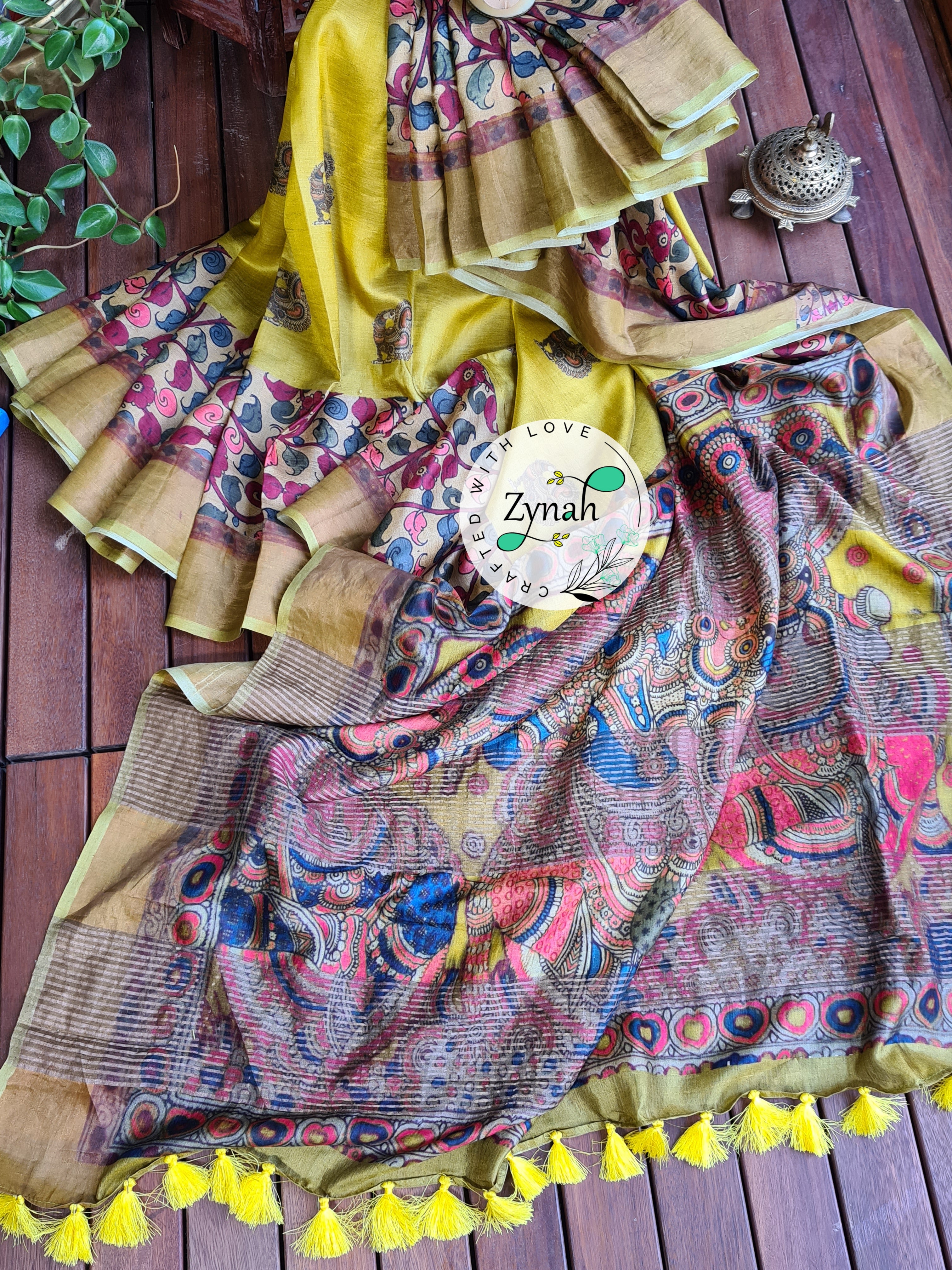 Zynah Pure Tussar Silk Saree with Digital Kalamkari Prints; Custom Stitched/Ready-made Blouse, Fall, Petticoat; Shipping available USA, Worldwide