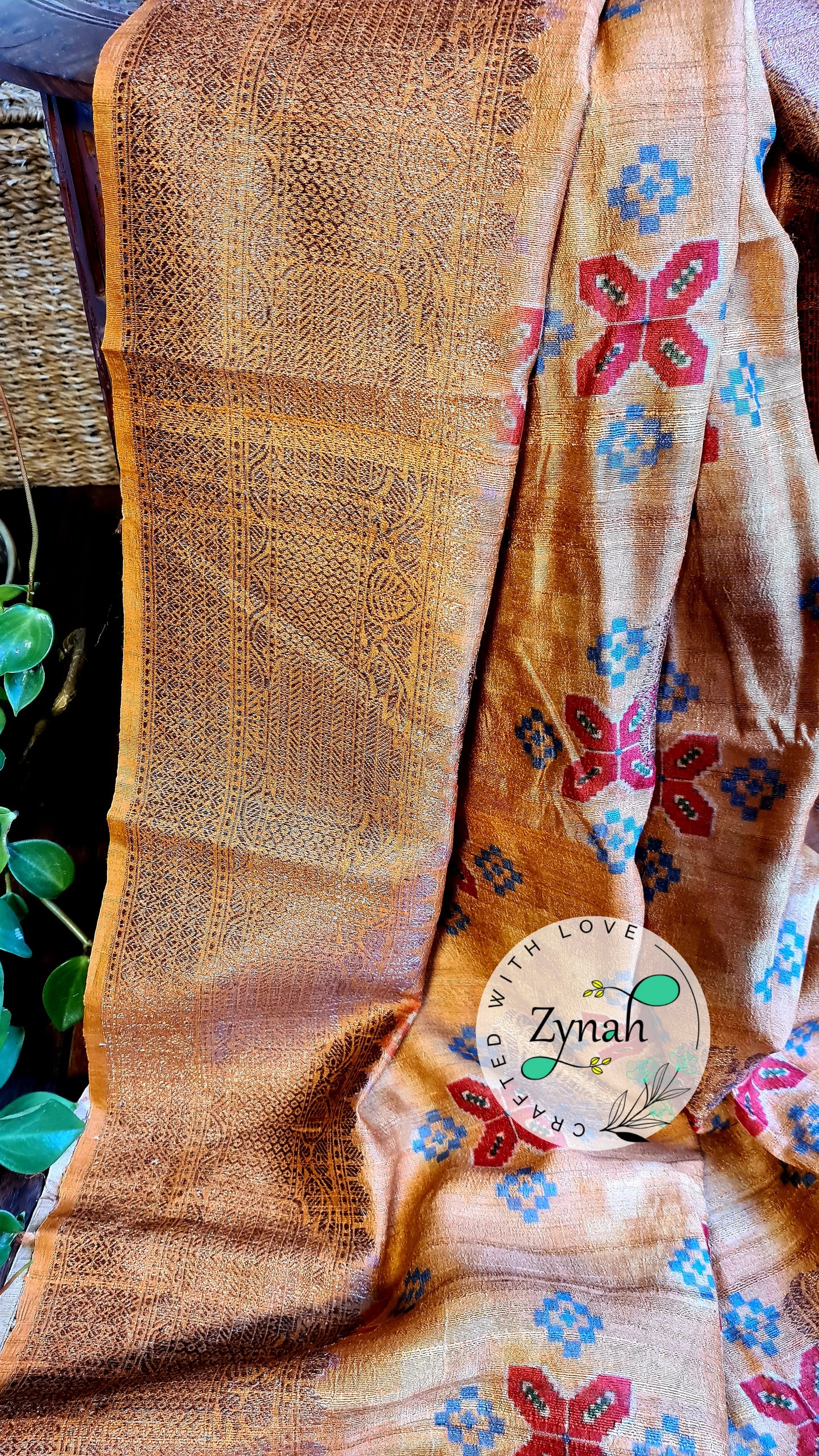 Zynah Pure Tussar Silk Banarasi Patan Patola inspired Saree with Antique zari weave; Custom Stitched/Ready-made Blouse, Fall, Petticoat; Shipping available USA, Worldwide