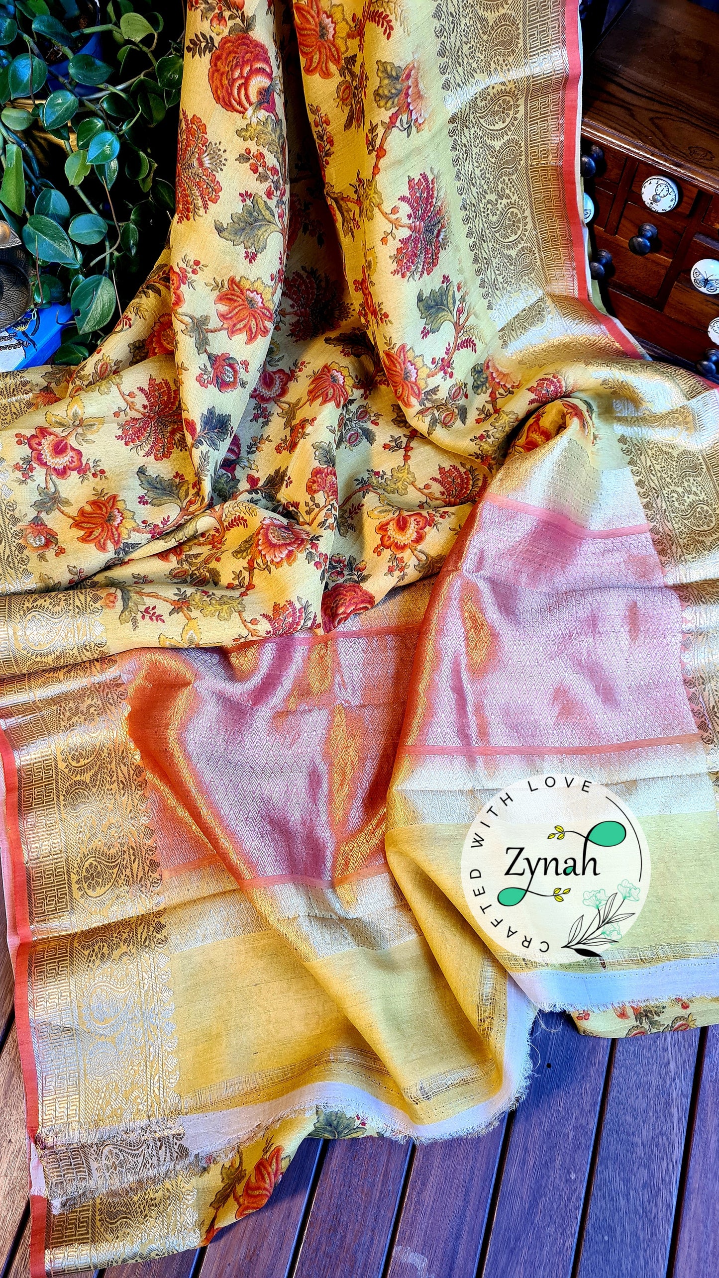 Zynah Pure Tussar Banarasi Silk Saree; Custom Stitched/Ready-made Blouse, Fall, Petticoat; Shipping available USA, Worldwide
