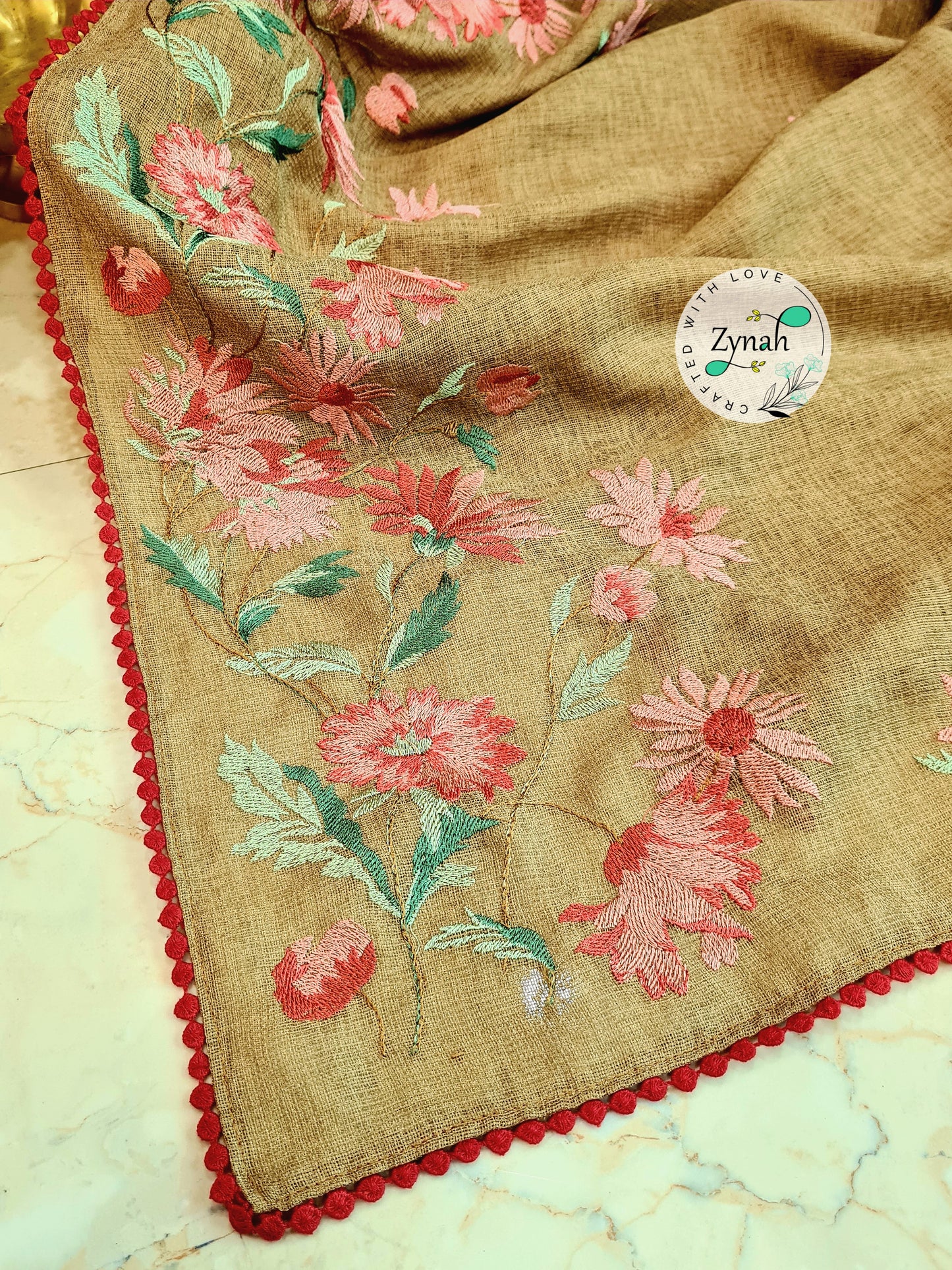 Zynah Pure Jute Muslin Embroidery Saree with Crochet lace; Custom Stitched/Ready-made Blouse, Fall, Petticoat; Shipping available USA, Worldwide