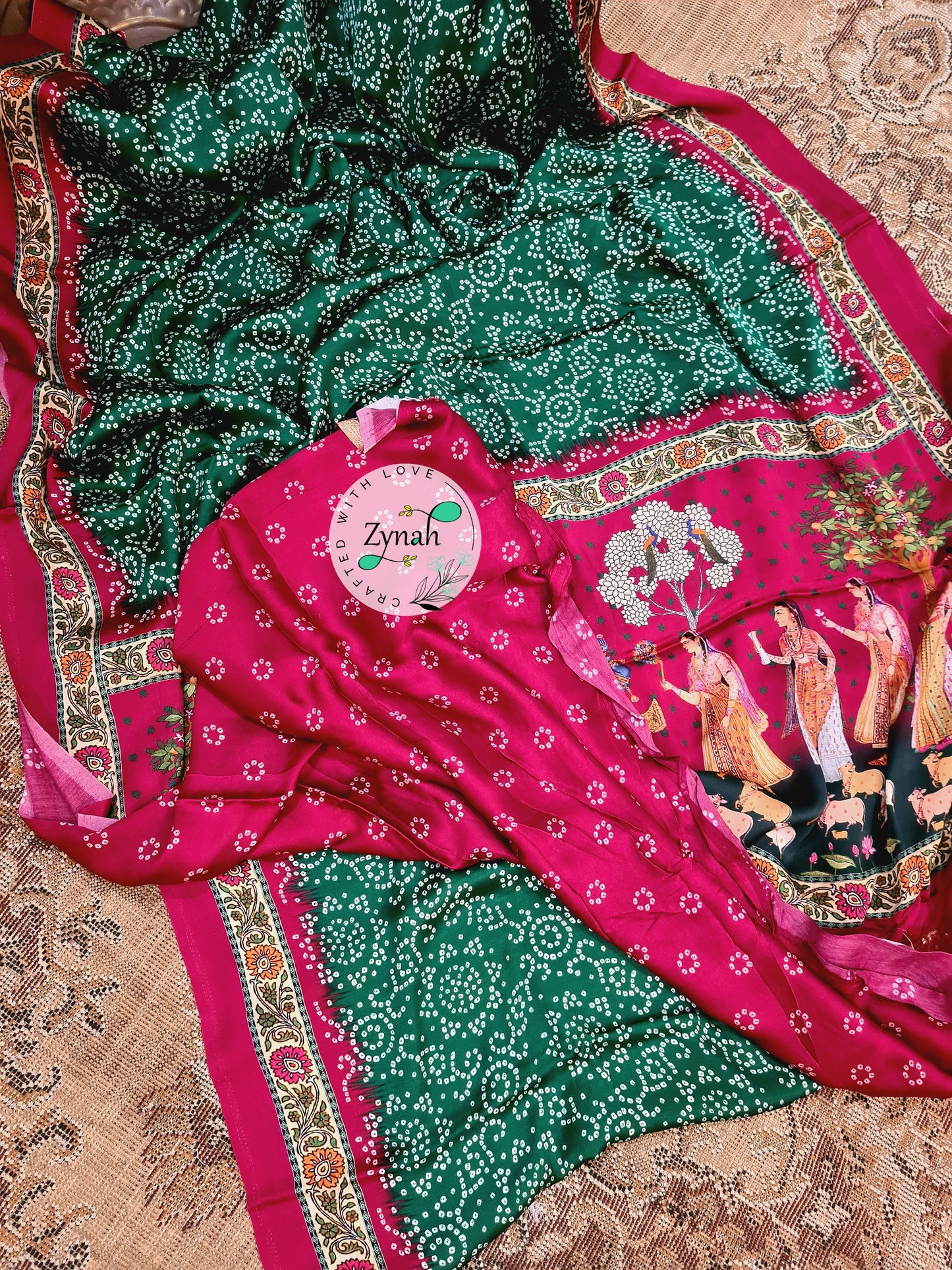 Zynah Pure Gajji Silk Saree with Bandhani & Pichwai Prints, Amdavadi Pallu; Custom Stitched/Ready-made Blouse, Fall, Petticoat; Shipping available USA, Worldwide