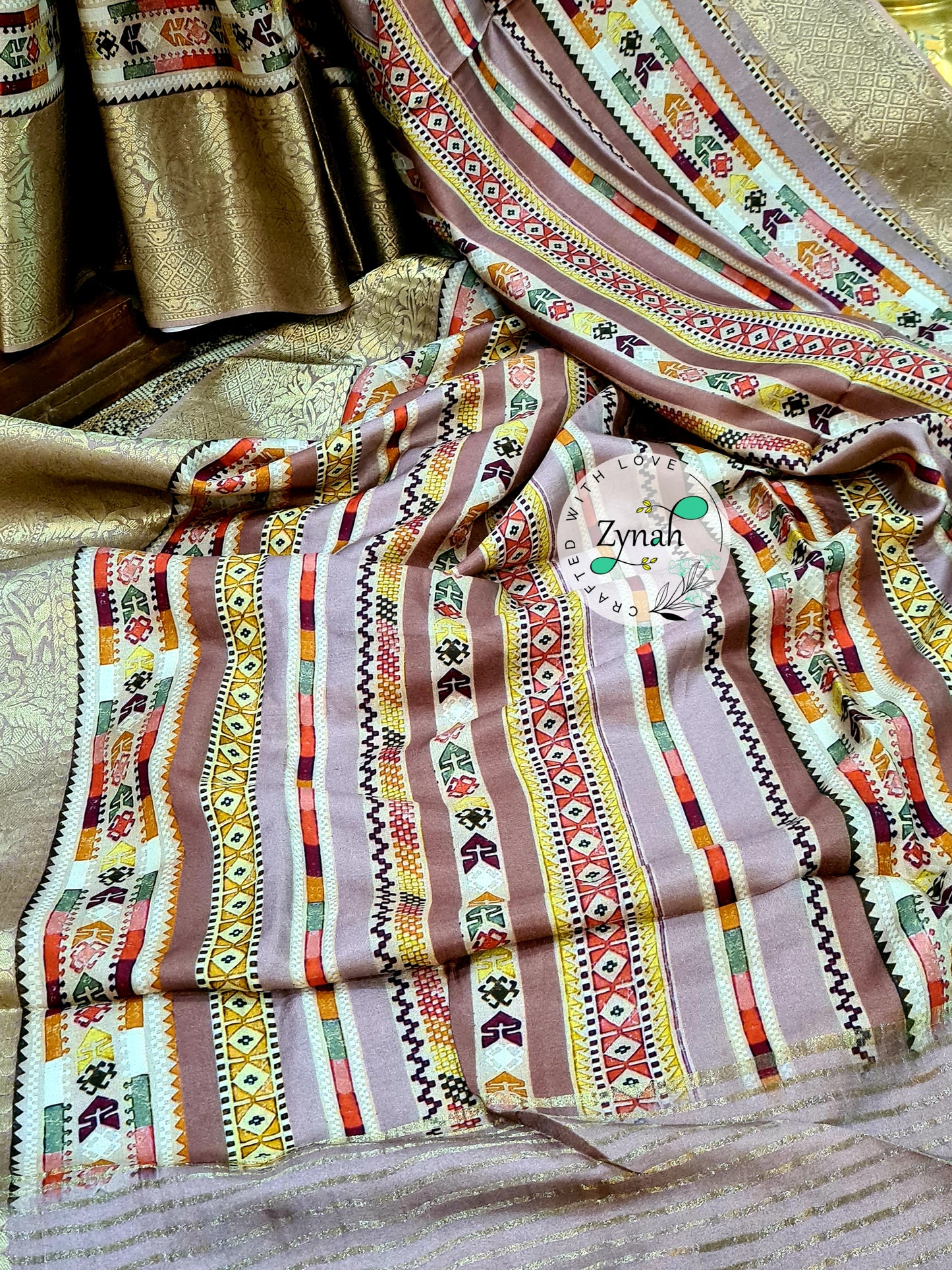 Zynah Pure Munga Silk Saree with Trendy prints & Zari Weave Border; Custom Stitched/Ready-made Blouse, Fall, Petticoat; Shipping available USA, Worldwide