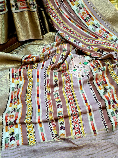 Zynah Pure Munga Silk Saree with Trendy prints & Zari Weave Border; Custom Stitched/Ready-made Blouse, Fall, Petticoat; Shipping available USA, Worldwide