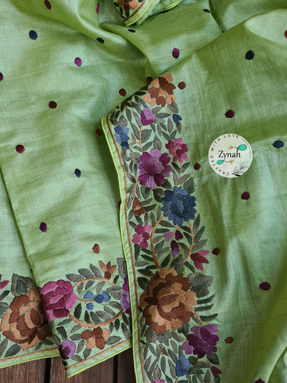 Zynah Pure Tussar Silk Parsi Gara Handcrafted Saree; Custom Stitched/Ready-made Blouse, Fall, Petticoat; Shipping available USA, Worldwide