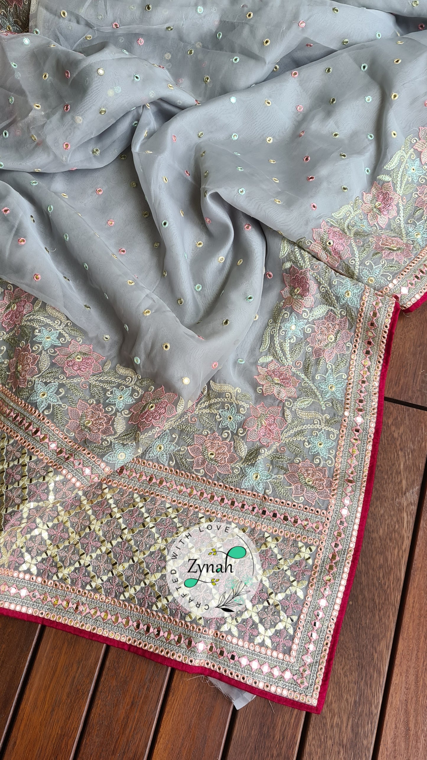 Zynah Pure Organza Silk Saree with Foil Mirror Work & Thread Embroidery; Custom Stitched/Ready-made Blouse, Fall, Petticoat; Shipping available USA, Worldwide