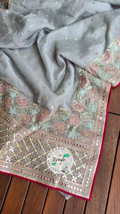 Zynah Pure Organza Silk Saree with Foil Mirror Work & Thread Embroidery; Custom Stitched/Ready-made Blouse, Fall, Petticoat; Shipping available USA, Worldwide