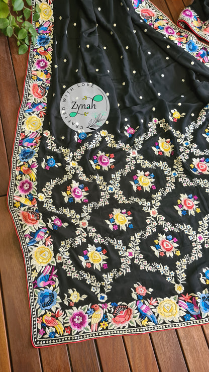 Zynah Pure Crepe Silk Parsi Gara Handcrafted Saree; Custom Stitched/Ready-made Blouse, Fall, Petticoat; Shipping available USA, Worldwide