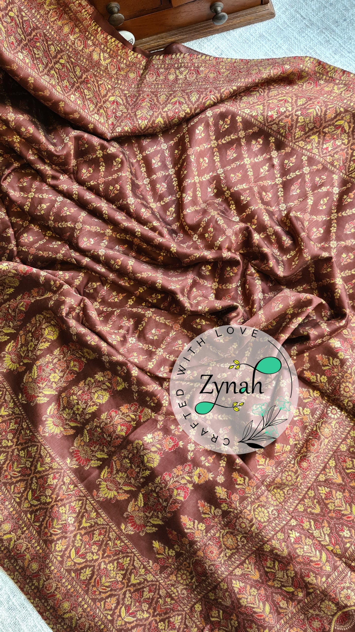 Zynah Pure Silk Kani Jamawar Style Saree with Grand Pallu & Border; Custom Stitched/Ready-made Blouse, Fall, Petticoat; Shipping available USA, Worldwide