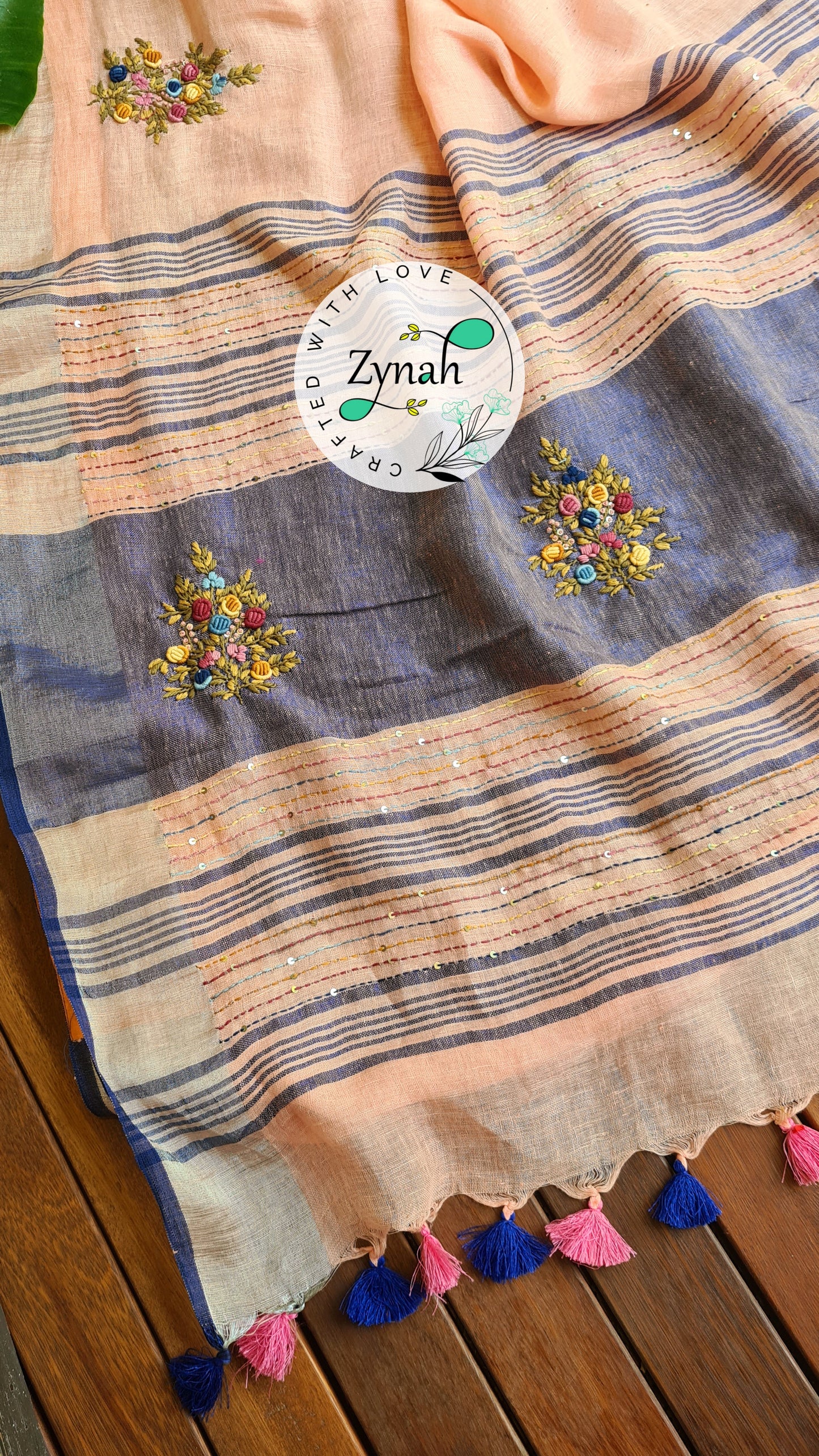 Zynah Pure Linen(120c) Handcrafted Saree with French Knot Hand Embroidery; Custom Stitched/Ready-made Blouse, Fall, Petticoat; Shipping available USA, Worldwide