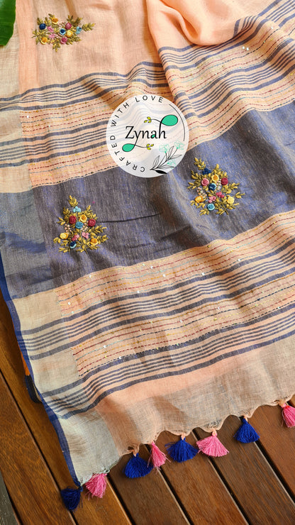 Zynah Pure Linen(120c) Handcrafted Saree with French Knot Hand Embroidery; Custom Stitched/Ready-made Blouse, Fall, Petticoat; Shipping available USA, Worldwide