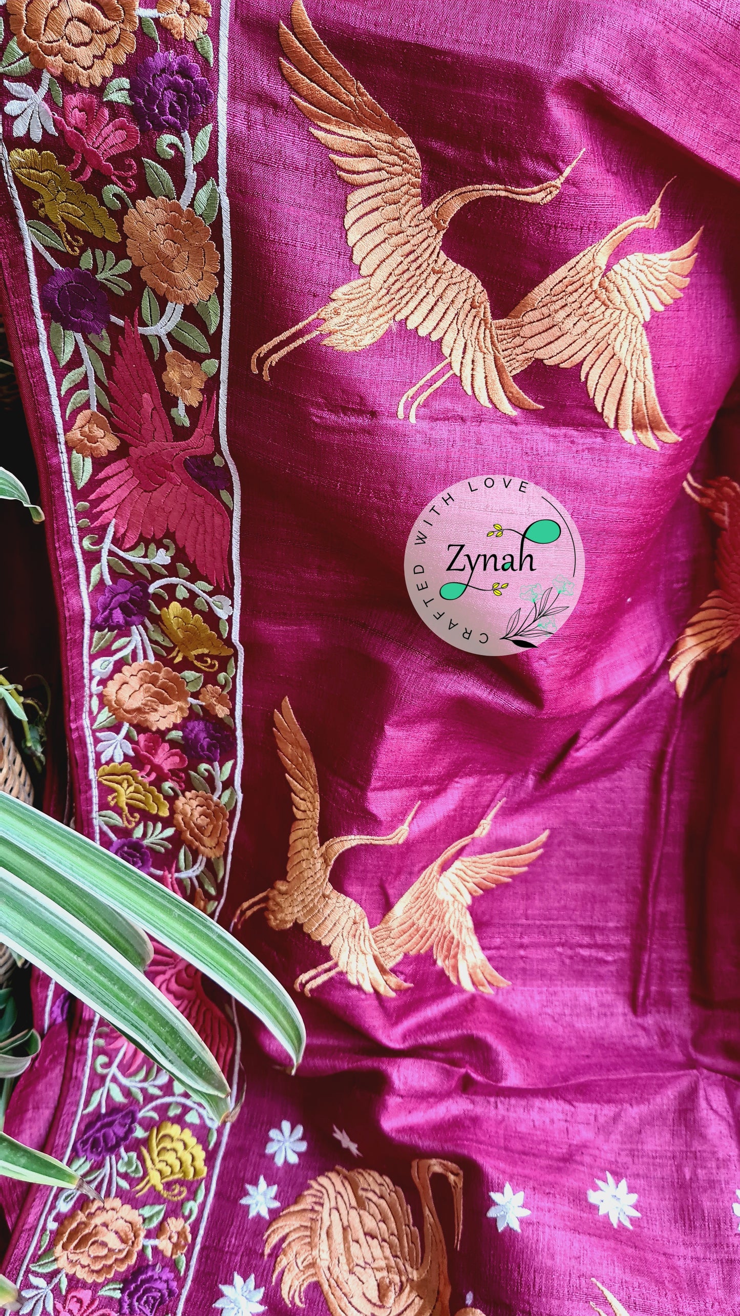 Zynah Pure Tussar Silk Parsi work Inspired Saree, Flamingo Bird Motifs; Custom Stitched/Ready-made Blouse, Fall, Petticoat; Shipping available USA, Worldwide