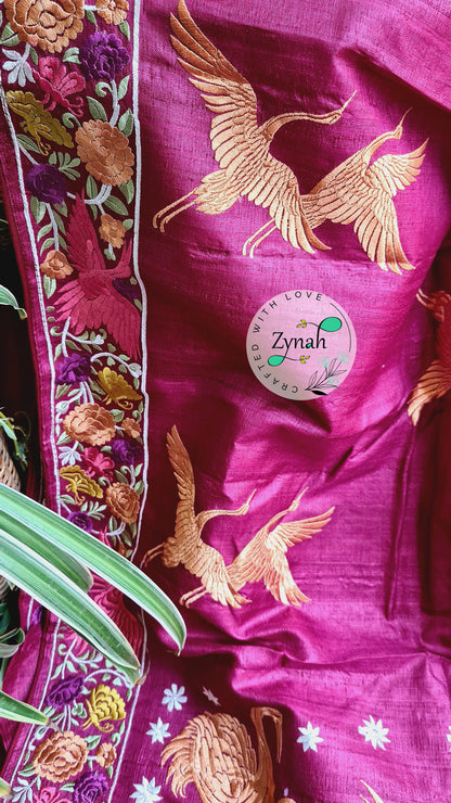 Zynah Pure Tussar Silk Parsi work Inspired Saree, Flamingo Bird Motifs; Custom Stitched/Ready-made Blouse, Fall, Petticoat; Shipping available USA, Worldwide