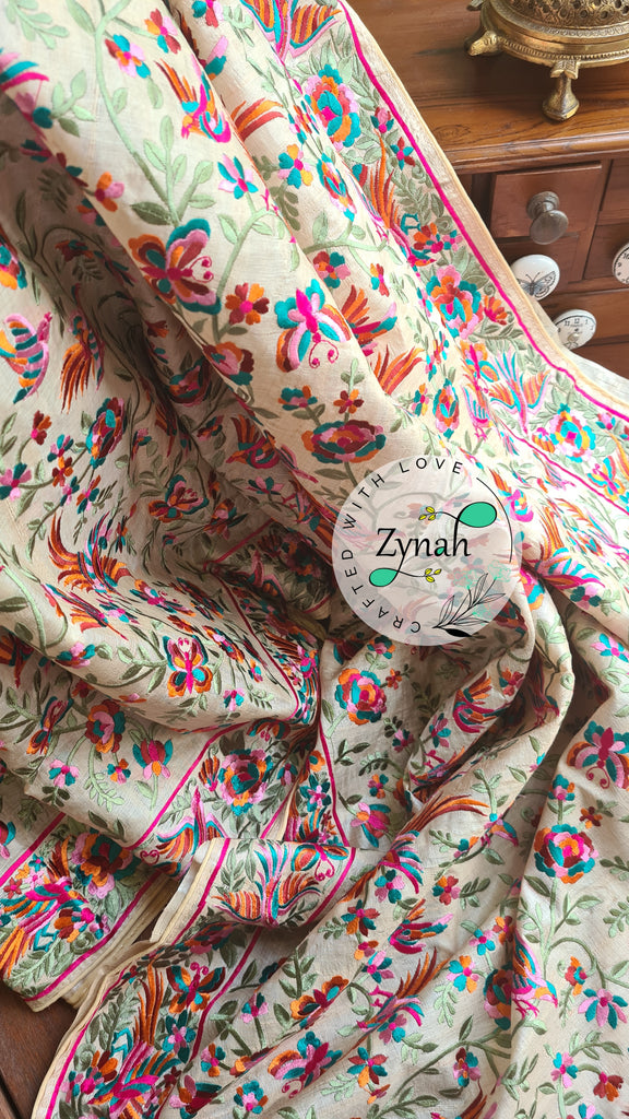 Zynah Pure Tussar Silk Parsi work Inspired Saree, Flamingo Bird Motifs; Custom Stitched/Ready-made Blouse, Fall, Petticoat; Shipping available USA, Worldwide