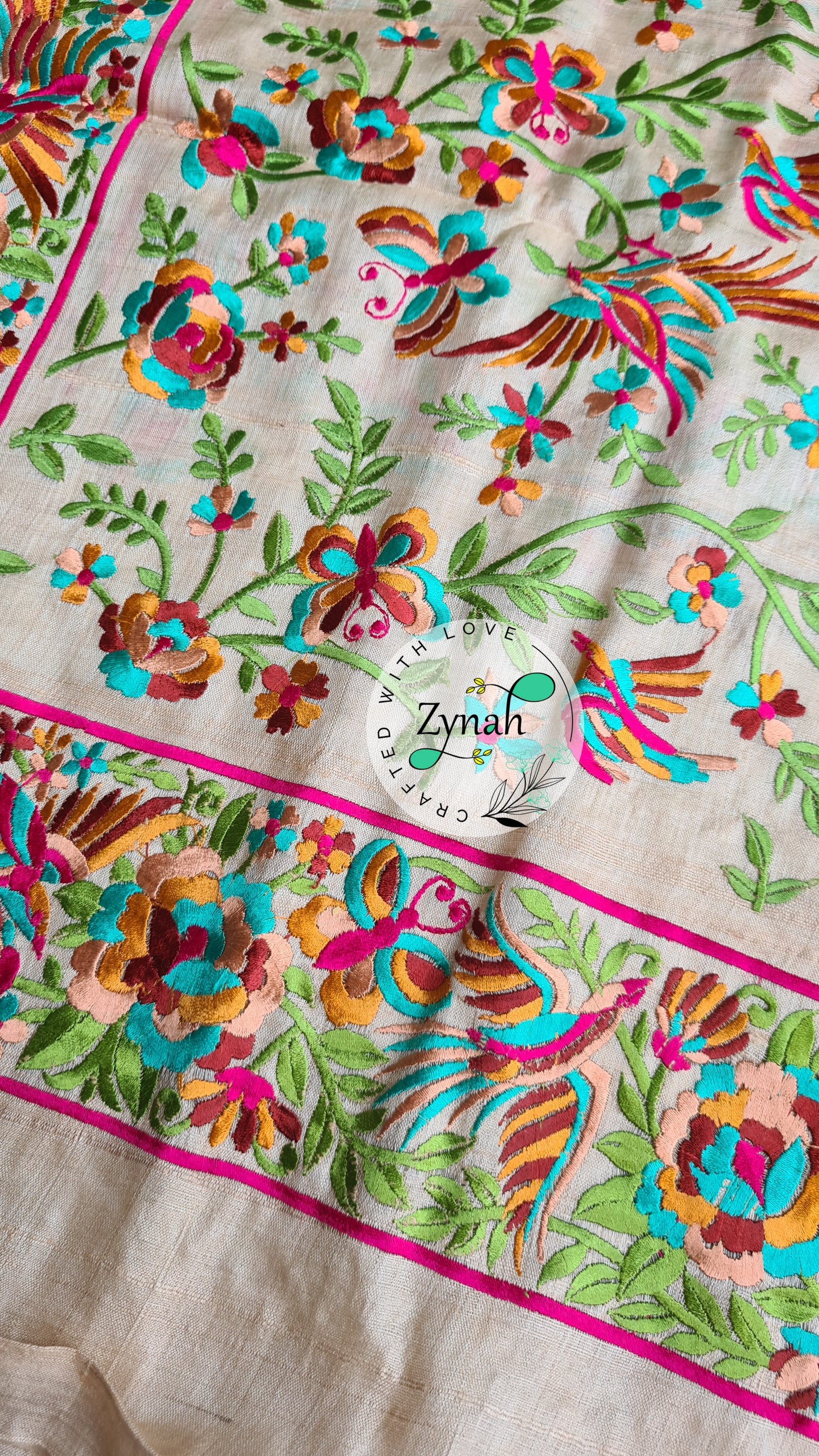 Zynah Pure Tussar Silk Parsi work Inspired Saree, Flamingo Bird Motifs; Custom Stitched/Ready-made Blouse, Fall, Petticoat; Shipping available USA, Worldwide