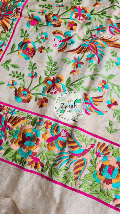 Zynah Pure Tussar Silk Parsi work Inspired Saree, Flamingo Bird Motifs; Custom Stitched/Ready-made Blouse, Fall, Petticoat; Shipping available USA, Worldwide