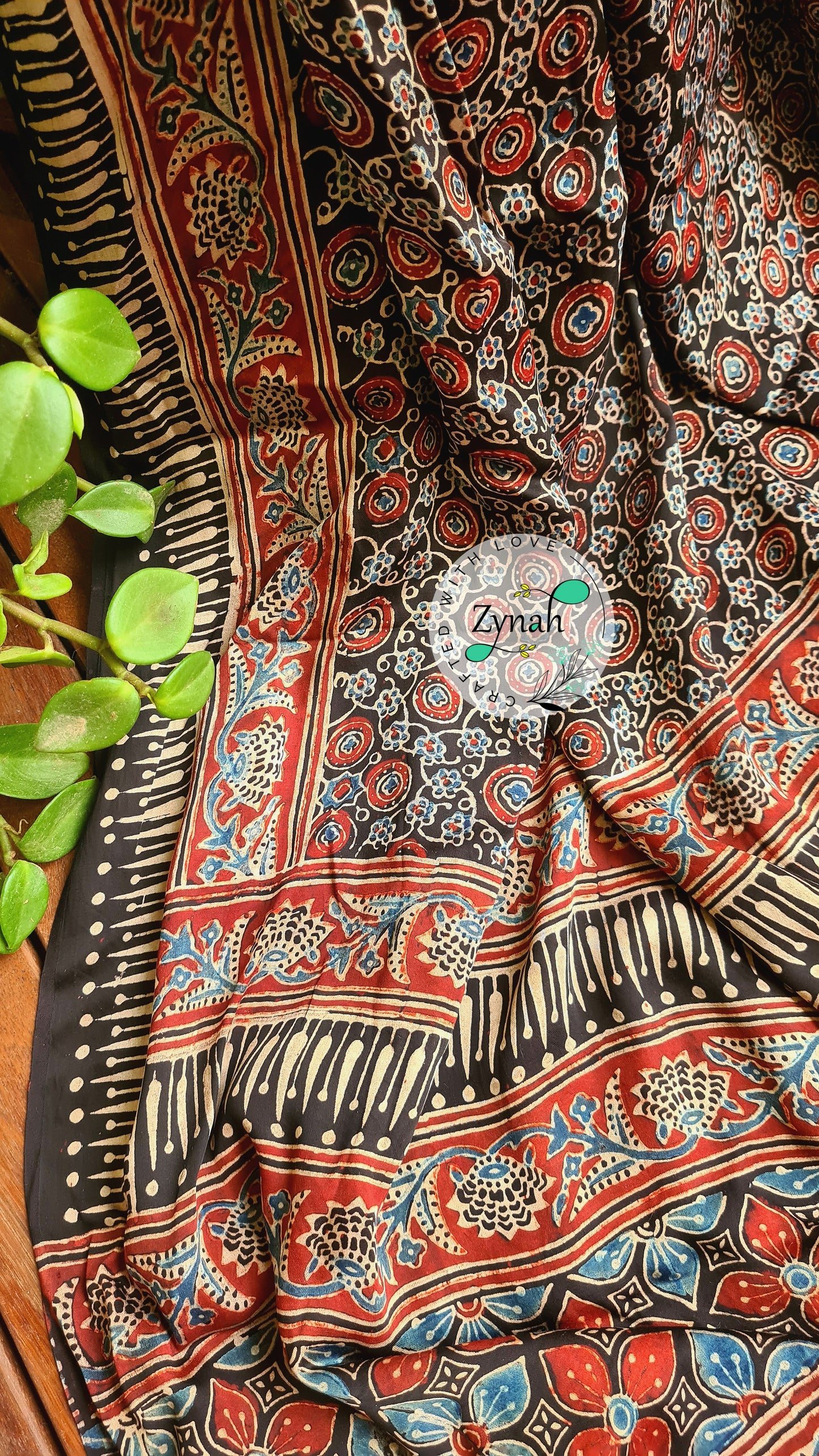 Zynah Pure Modal Silk Ajrakh Saree with Handblock Prints; Custom Stitched/Ready-made Blouse, Fall, Petticoat; Shipping available USA, Worldwide
