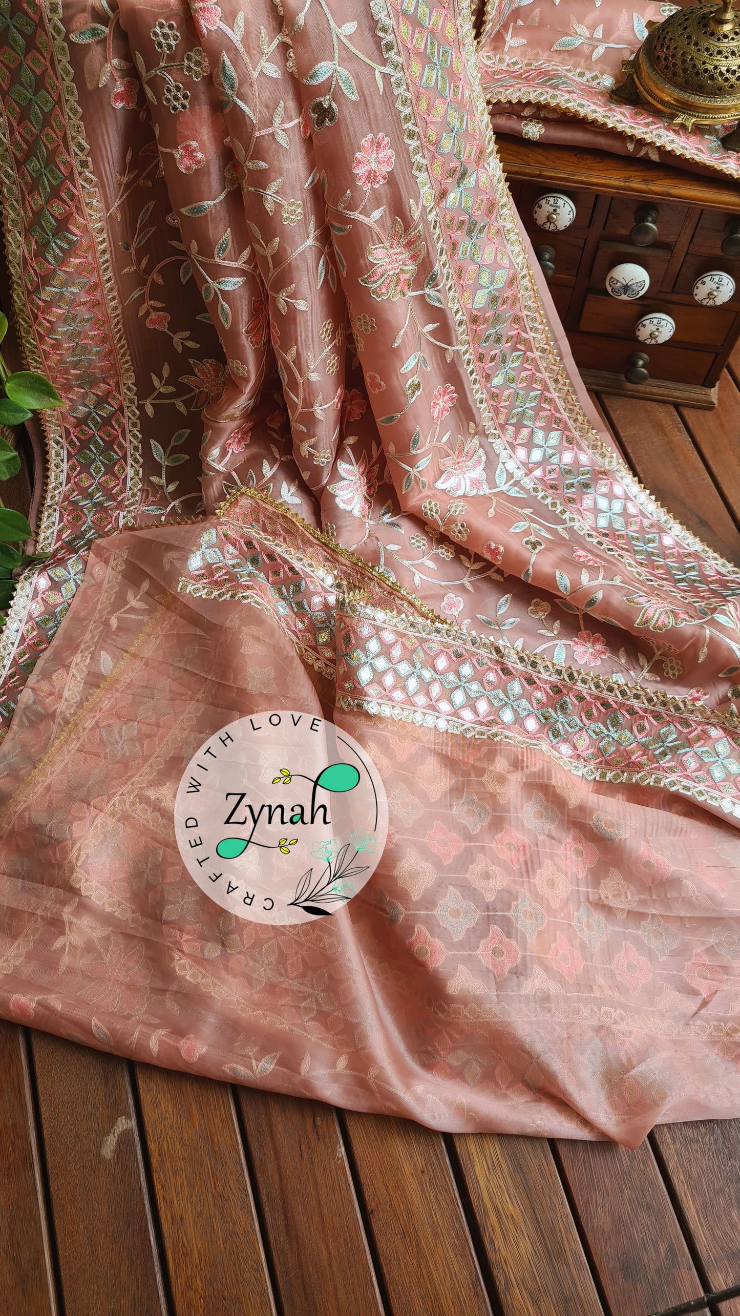 Zynah Pure Organza Silk Saree with Gotapatti Lace, Foil & Thread Embroidery Work; Custom Stitched/Ready-made Blouse, Fall, Petticoat; Shipping available USA, Worldwide