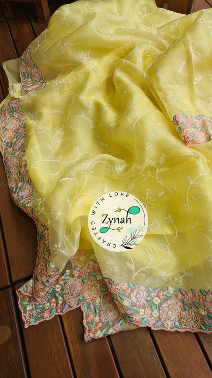 Zynah Pure Organza Silk Saree with Scalloped Border, Thread Embroidery & Sequence Work; Custom Stitched/Ready-made Blouse, Fall, Petticoat; Shipping available USA, Worldwide