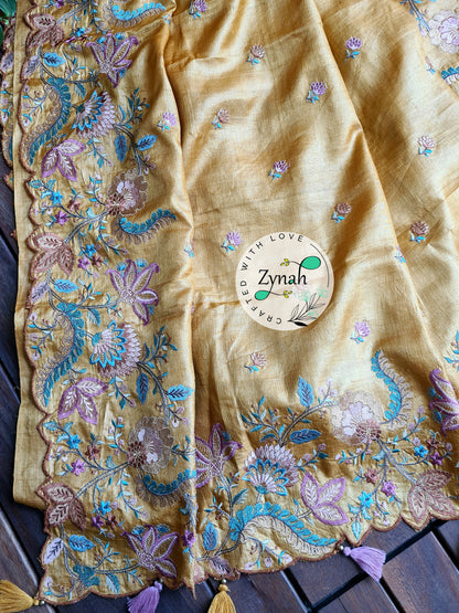Zynah Pure Tussar Silk Embroidered Saree with Scalloped Border & 2 blouse pieces; Custom Stitched/Ready-made Blouse, Fall, Petticoat; Shipping available USA, Worldwide