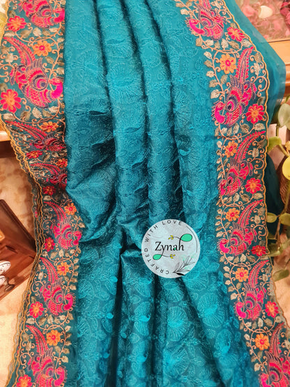 Zynah Designer Pure Kora Silk Saree with Scalloped Border & Thread Embroidery; Custom Stitched/Ready-made Blouse, Fall, Petticoat; Shipping available USA, Worldwide