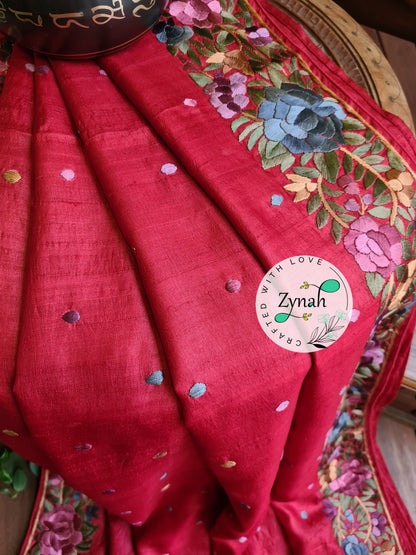 Zynah Made to Order Pure Tussar Silk Parsi Gara Handcrafted Saree; Custom Stitched/Ready-made Blouse, Fall, Petticoat; Shipping available USA, Worldwide