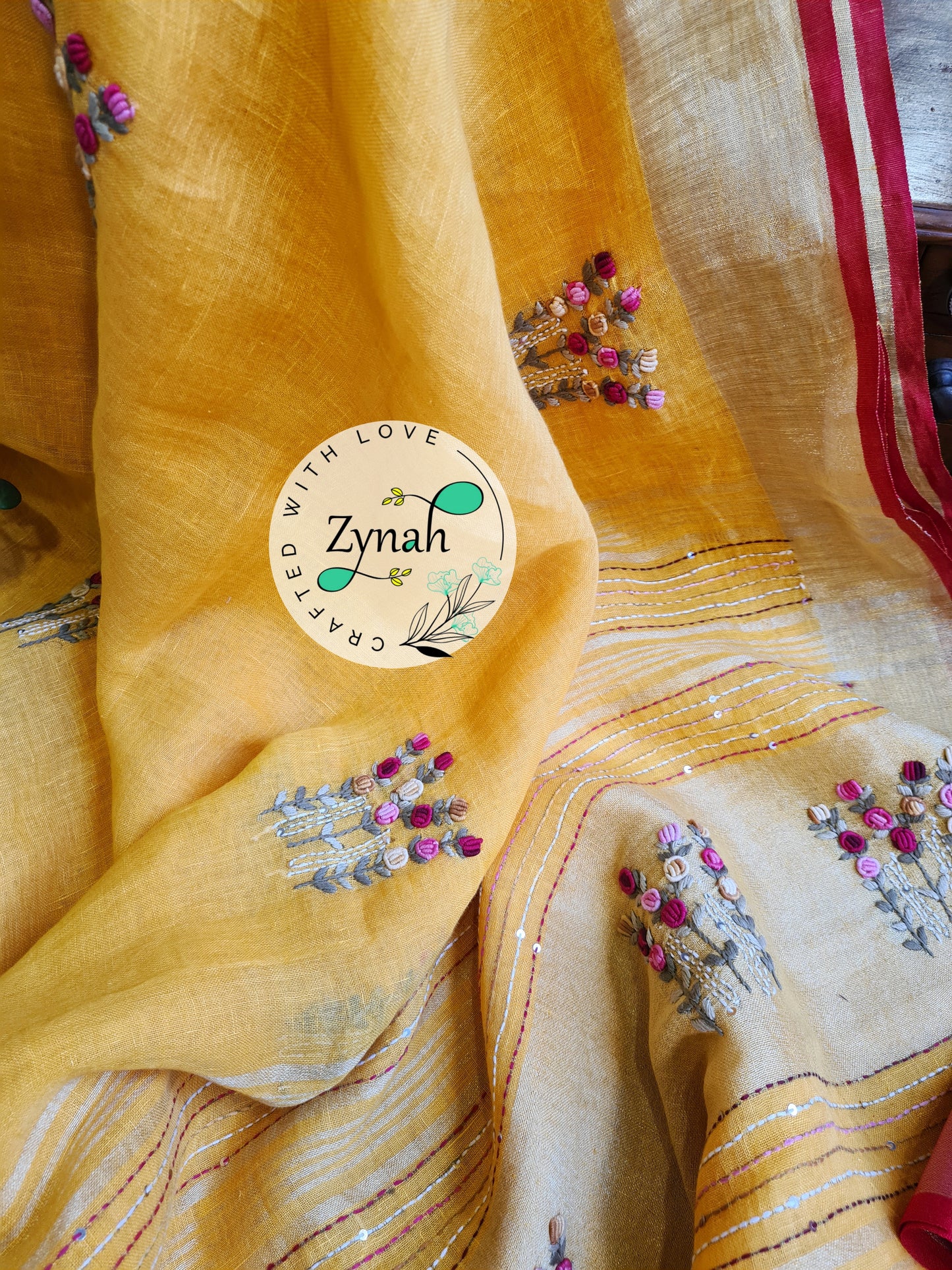 Zynah Pure Linen(120c) Handcrafted Saree with French Knot Hand Embroidery; Custom Stitched/Ready-made Blouse, Fall, Petticoat; Shipping available USA, Worldwide