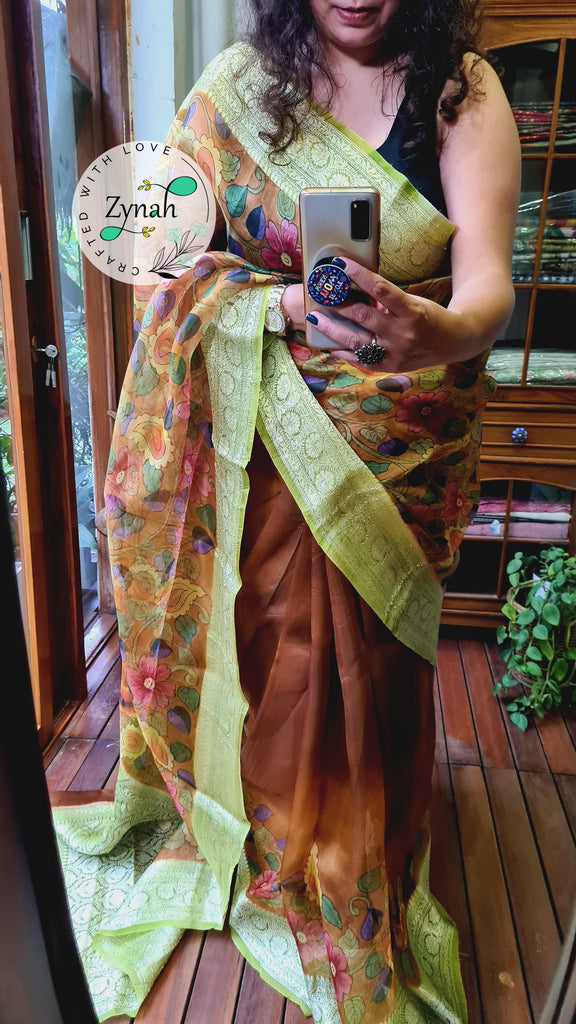 Zynah Pure Kora Silk Banarasi Saree with Hand-painted Kalamkari Designs, Zari Weave Border; Custom Stitched/Ready-made Blouse, Fall, Petticoat; Shipping available USA, Worldwide
