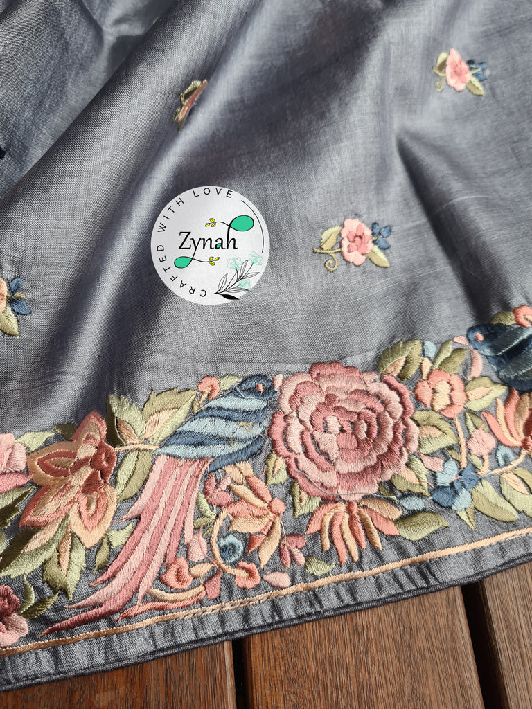 Zynah Grey Color Pure Handwoven Tussar Silk Parsi Gara Inspired Resham Thread Embroidery Saree; Custom Stitched/Ready-made Blouse, Fall, Petticoat; Shipping available USA, Worldwide