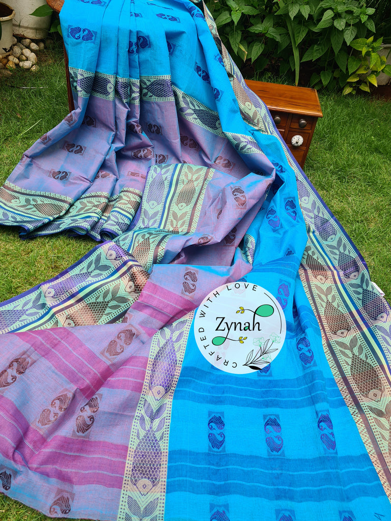 Zynah Blue Color Pure Handspun Cotton Saree with Zari Weave Border; Custom Stitched/Ready-made Blouse, Fall, Petticoat; Shipping available USA, Worldwide