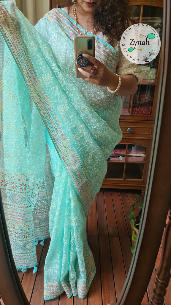 Zynah Powder Blue Color Pure Organza Silk Saree with Kantha Stitch & Chikankari Inspired Embroidery; Custom Stitched/Ready-made Blouse, Fall, Petticoat; Shipping available USA, Worldwide