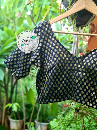 Zynah Pre-order Pure Silk Black Color Blouse with Butis weave; Shipping available USA & Worldwide