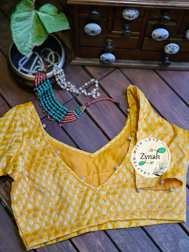 Zynah Pre-order Pure Silk Yellow Color Blouse with Butis weave; Shipping available USA & Worldwide