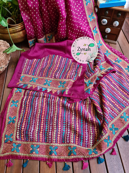 Zynah Pink Color Pure Organza Silk Saree with Bandhani Prints & Kantha Embroidery; Custom Stitched/Ready-made Blouse, Fall, Petticoat; Shipping available USA, Worldwide