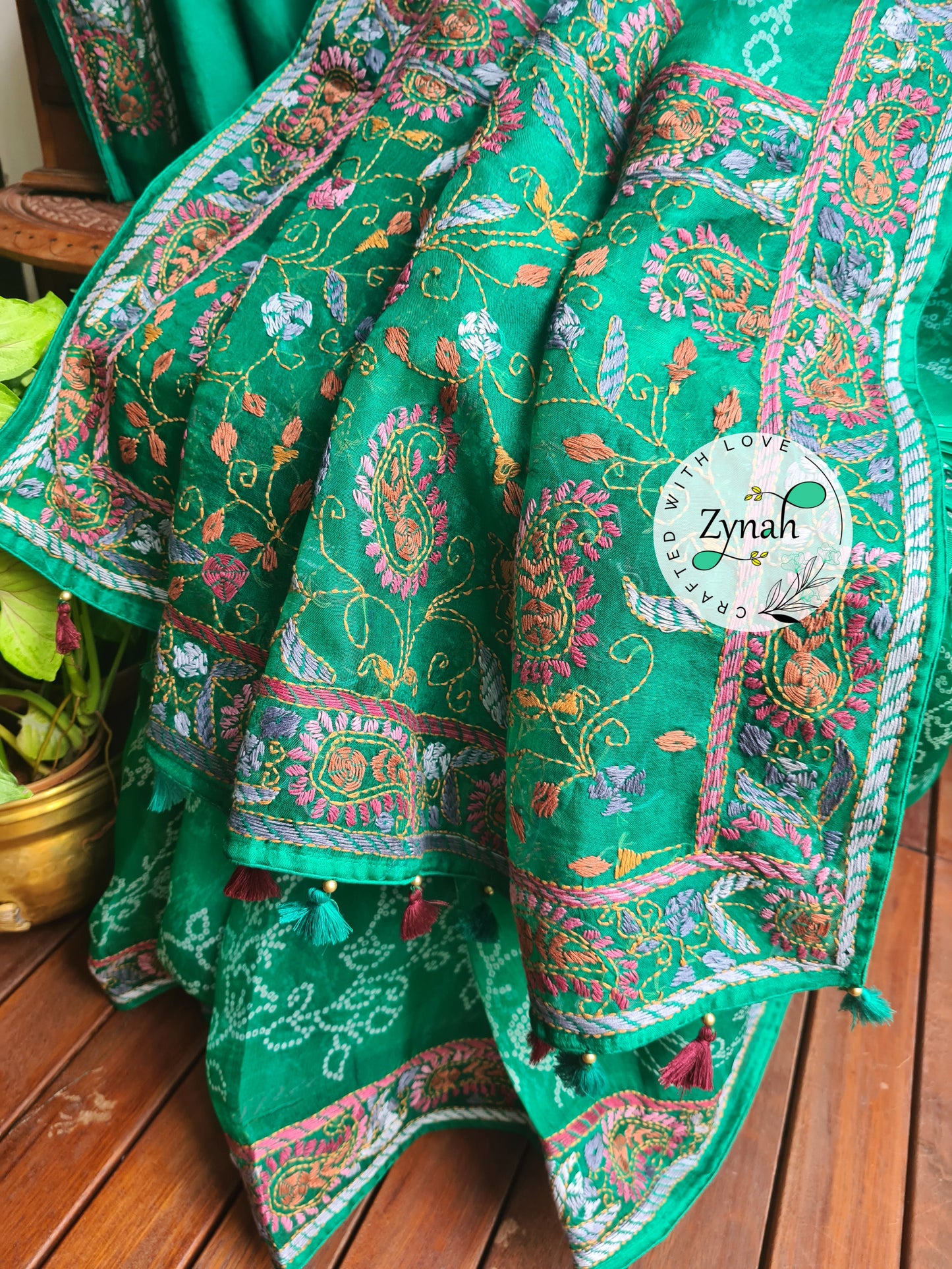 Zynah Green Color Pure Organza Silk Saree with Bandhani Prints & Kantha Embroidery; Custom Stitched/Ready-made Blouse, Fall, Petticoat; Shipping available USA, Worldwide