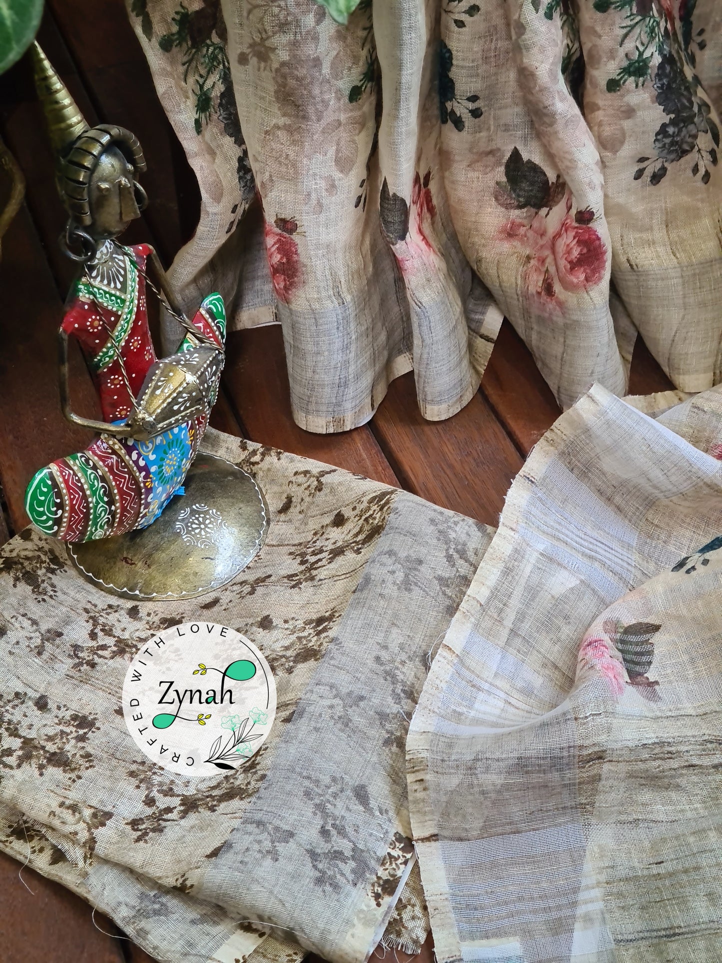 Zynah Off-white Color Organic Pure Linen by Linen(120c) Saree with Digital Floral Prints & Zari Border; Custom Stitched/Ready-made Blouse, Fall, Petticoat; Shipping available USA, Worldwide